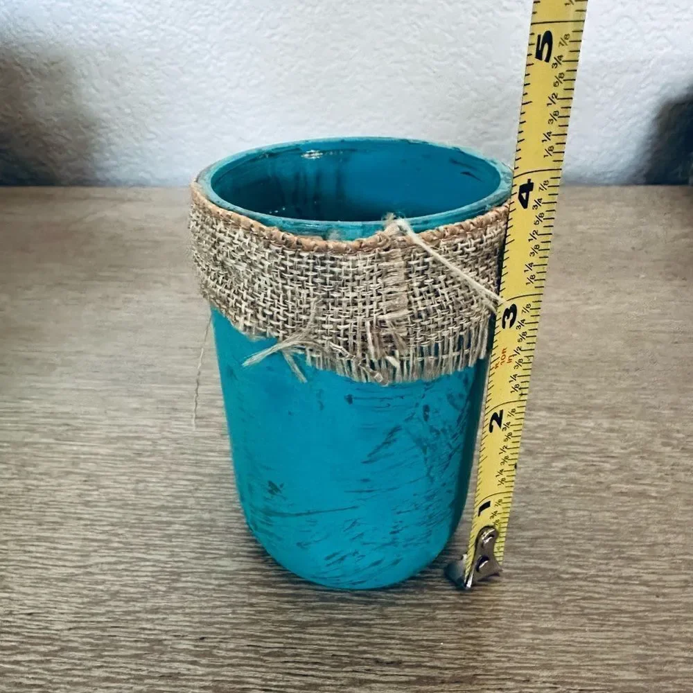 Kerr Mason Jar Turquoise Blue Painted Burlap Glass Vase